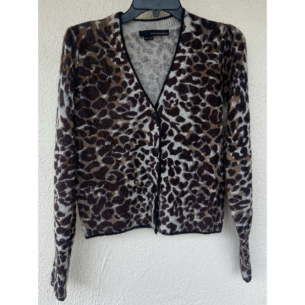 360 Cashmere Leopard Print V-Neck Button Cardigan Merino Wool Cashmere Mob Wife
